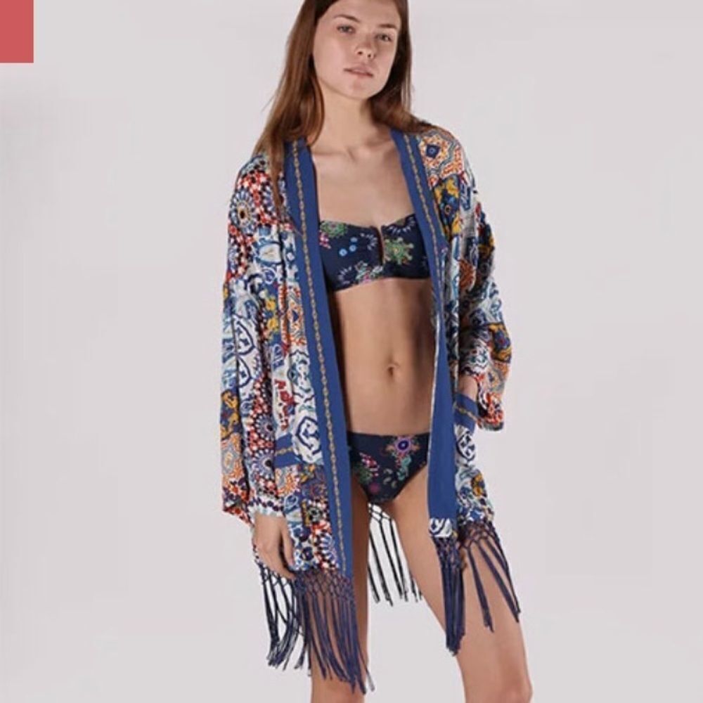 Desigual kimono beachy blouse, multi color, fringe, size L - Picture 9 of 14